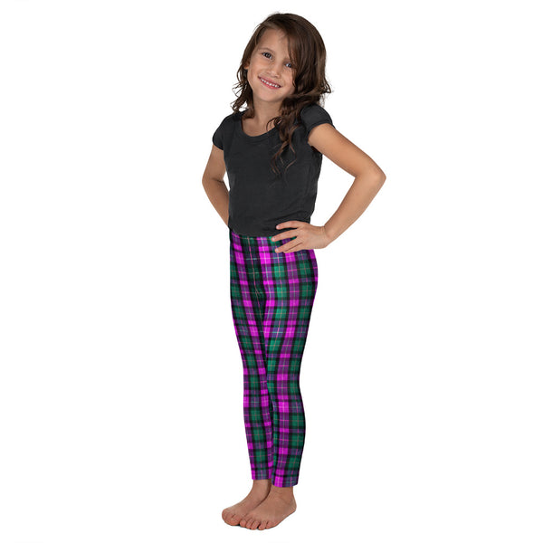 Pink Plaid Print Designer Kid's/ Girl's Leggings Active Wear Yoga Pants -Made in USA/EU-Kid's Leggings-Heidi Kimura Art LLC
