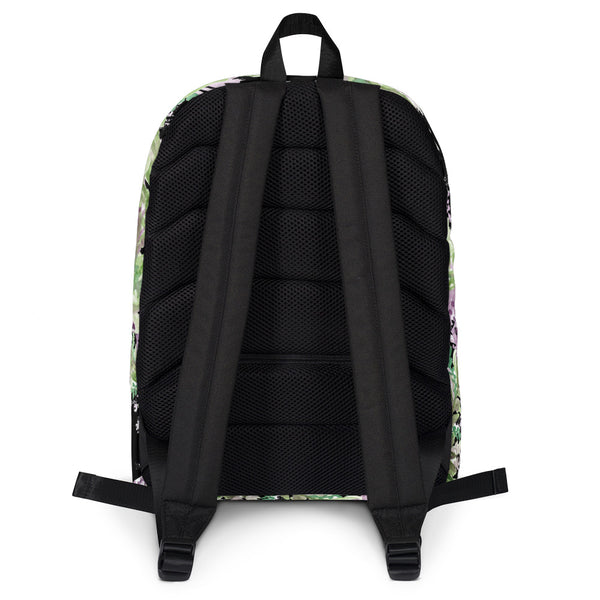 Black Lavender Floral Print Women's Laptop Backpack - Made in USA/EU--Heidi Kimura Art LLC Black Lavender Backpack, Best Floral Print Designer Medium Size (Fits 15" Laptop) Water Resistant College Unisex Backpack for Travel/ School/ Work - Made in USA/ Europe  