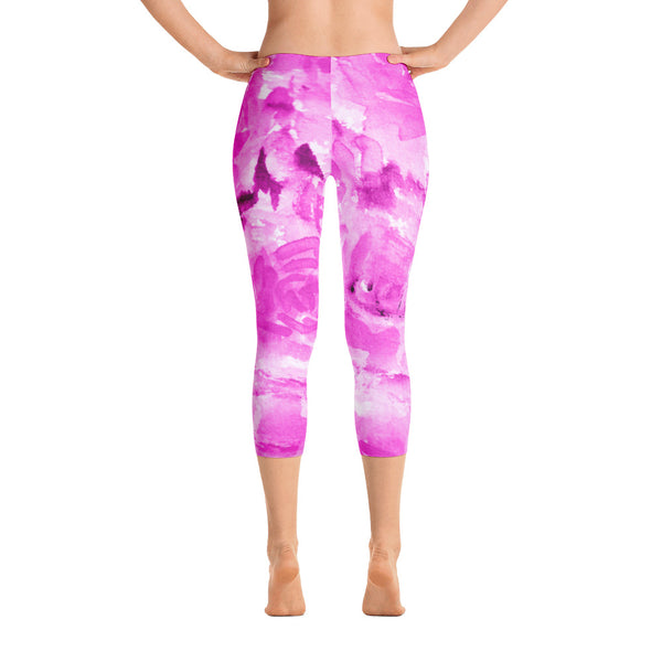 Pink Rose Floral Designer Capri Leggings Casual Fashion Outfits-Made in USA/EU (US Size: XS-XL)-capri leggings-XS-Heidi Kimura Art LLC