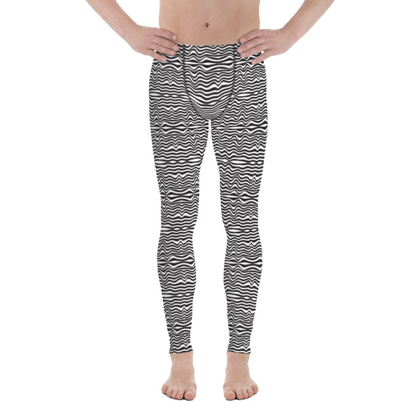 Wavy Black White Striped Meggings, Designer Modern Men's Leggings-Heidikimurart Limited -Heidi Kimura Art LLC