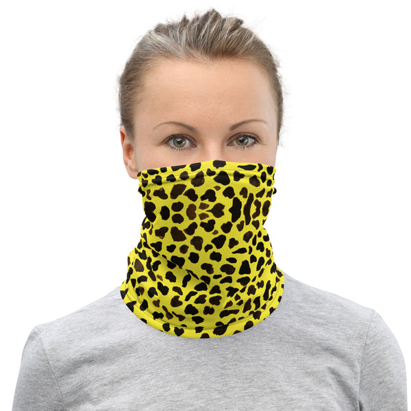 Yellow Leopard Print Face Mask, Animal Print Unisex Face Covering Neck Gaiter-Heidi Kimura Art LLC-Heidi Kimura Art LLC Yellow Leopard Cheetah Neck Gaiter, Animal Print Luxury Premium Quality Cool And Cute One-Size Reusable Washable Scarf Headband Bandana - Made in USA/EU, Face Neck Warmers, Non-Medical Breathable Face Covers, Neck Gaiters  