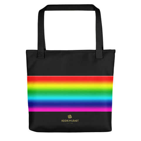 Bright Colorful Rainbow Stripe Black Premium 15"x15" Square Tote Bag- Made in USA/EU-Tote Bag-Black-Heidi Kimura Art LLC