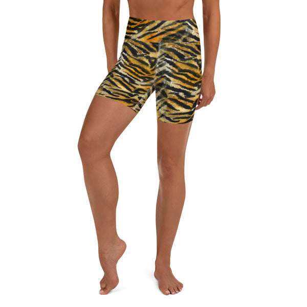 Orange Tiger Yoga Shorts, Striped Animal Print Premium Quality Women's High Waist Spandex Fitness Workout Yoga Shorts, Yoga Tights, Fashion Gym Quick Drying Short Pants With Pockets - Made in USA/EU (US Size: XS-XL)