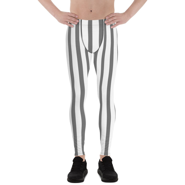 Grey & White Stripes Men's Running Circus Leggings & Run Tights Meggings Pants-Men's Leggings-XS-Heidi Kimura Art LLC
