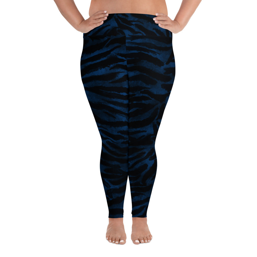 Royal Blue Tiger Stripe Animal Print Women's Long Yoga Pants Plus Size Leggings-Women's Plus Size Leggings-2XL-Heidi Kimura Art LLC