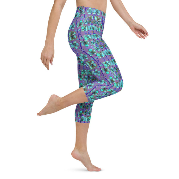 Purple Blue Capris Tights, Orchids Floral Print Pattern Women's Yoga Capri Leggings-Heidi Kimura Art LLC-Heidi Kimura Art LLC