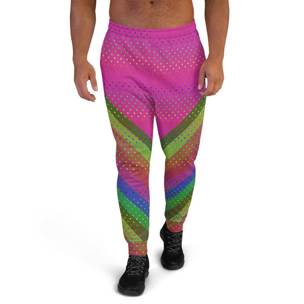 Funky Hot Pink Faded Rainbow Stripe Polka Dots Print Fun Men's Joggers - Made in EU-Men's Joggers-XS-Heidi Kimura Art LLC