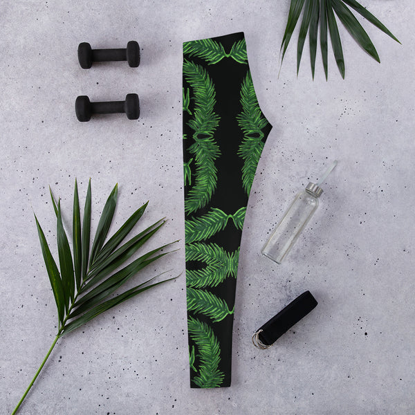 Green Tropical Leaves Leggings, Palm Leaf Print Women's Casual Tights-Made in USA/EU-Heidi Kimura Art LLC-Heidi Kimura Art LLC