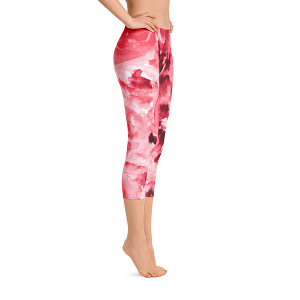Red Rose Floral Designer Capri Leggings Women's Activewear Pants - Made in USA-capri leggings-Heidi Kimura Art LLC