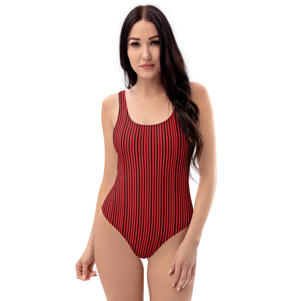 Red Striped Women's Swimwear, Designer One-Piece Swimsuit-Heidi Kimura Art LLC-XS-Heidi Kimura Art LLC Red Striped Women's Swimwear, Vertical Stripe Print Designer Luxury 1-Piece Swimwear Bathing Suits, Beach Wear - Made in USA/EU (US Size: XS-3XL) Plus Size Available