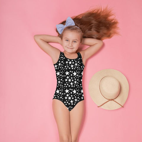 Black Star Girl's Swimsuit, Space Galaxy Print, Girl's Kids Premium Swimwear Sportswear Swimsuit - Made in USA/EU (US Size: 2T-7)