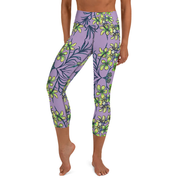 Purple Orchid Yoga Capri Leggings, Yellow Capris Tighst-Made in USA/EU-Heidi Kimura Art LLC-XS-Heidi Kimura Art LLC