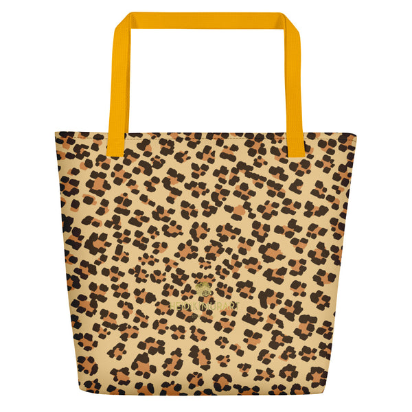 Brown Beige Chic Leopard Animal Print Designer Beach Market Tote Bag-Made in USA/EU-Beach Tote Bag-Heidi Kimura Art LLC