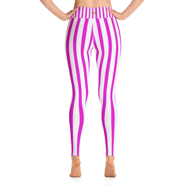 Women's Pink Stripe Active Wear Fitted Leggings Sports Long Yoga & Barre Pants-legging-Heidi Kimura Art LLC