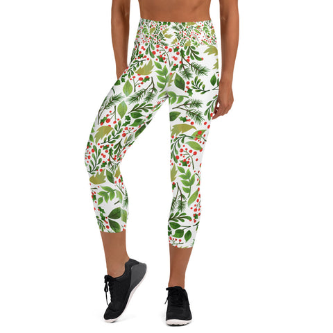 Xmas Floral Green Red White Premium Women's Yoga Capri Leggings- Made in USA-Capri Yoga Pants-XS-Heidi Kimura Art LLC
