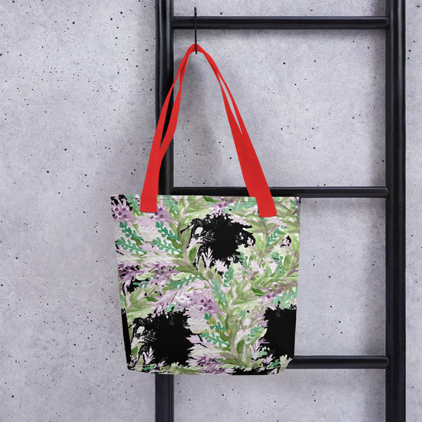 Black Lavender Floral Print Women's Designer Tote Bag- Made in USA/EU-Red-Heidi Kimura Art LLC
