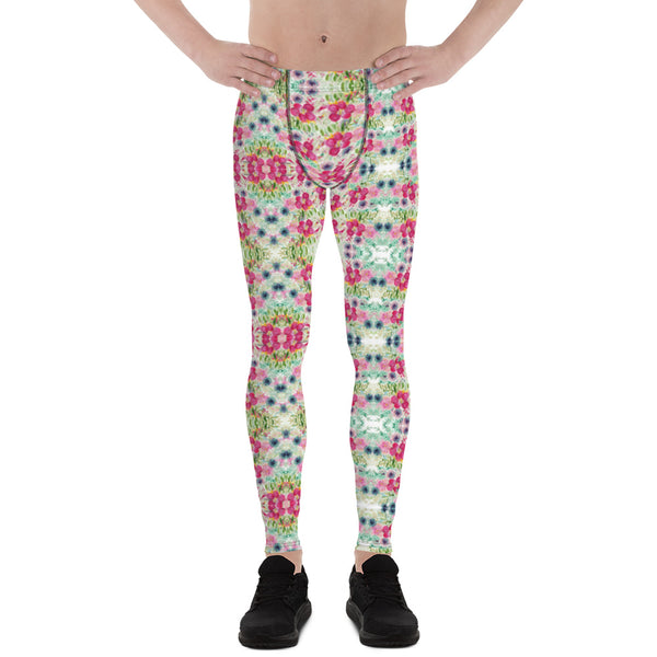 Pink Floral Print Men's Leggings-Heidikimurart Limited -XS-Heidi Kimura Art LLC Pink Floral Print Men's Leggings, Mixed Flower Print Designer Sexy Meggings Men's Workout Gym Tights Leggings, Men's Compression Tights Pants - Made in USA/ EU/ MX (US Size: XS-3XL) 