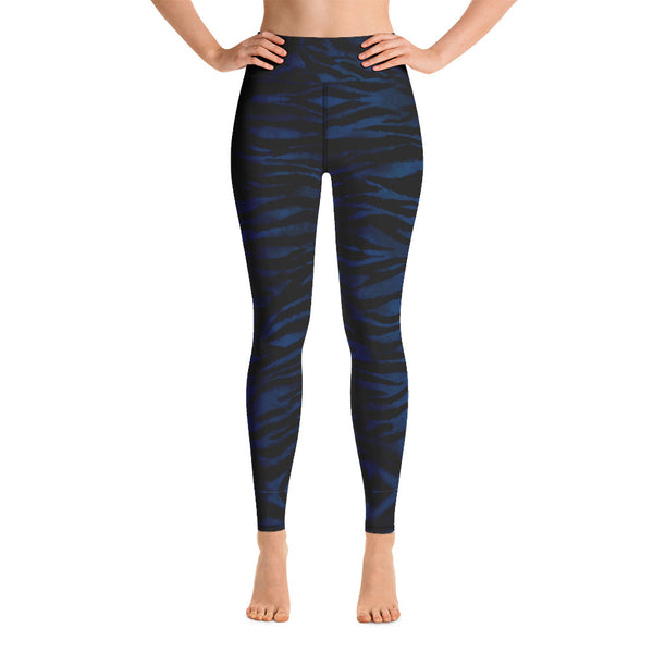Navy Blue Tiger Yoga Leggings, Striped Animal Print Workout Tights-Heidikimurart Limited -Heidi Kimura Art LLC Navy Blue Tiger Yoga Leggings, Striped Animal Print Modern Women's Gym Workout Active Wear Fitted Leggings Sports Long Yoga & Barre Pants - Made in USA/EU/MX (US Size: XS-6XL)