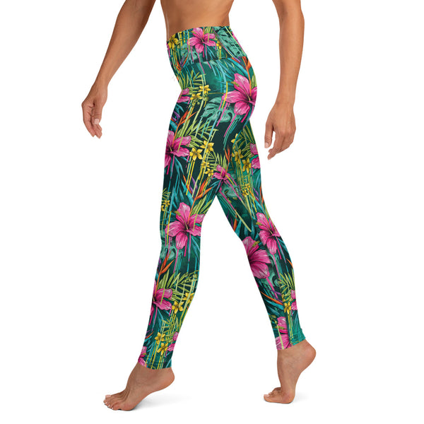 Green Floral Yoga Leggings, Tropical Leaf Print Women's Tights-Made in USA/EU-Heidi Kimura Art LLC-Heidi Kimura Art LLC