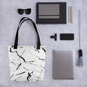 White Marble Print Designer 15"x15" Designer Best Quality Tote Bag- Made in USA/EU-Tote Bag-Black-Heidi Kimura Art LLC