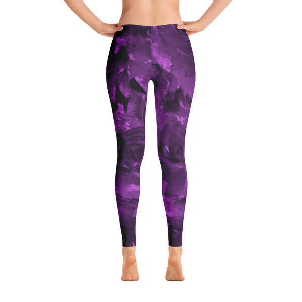 Purple Rose Floral Print Women's Long Casual Leggings/ Running Tights - Made in USA (US Size: XS-XL)-Casual Leggings-XS-Heidi Kimura Art LLC
