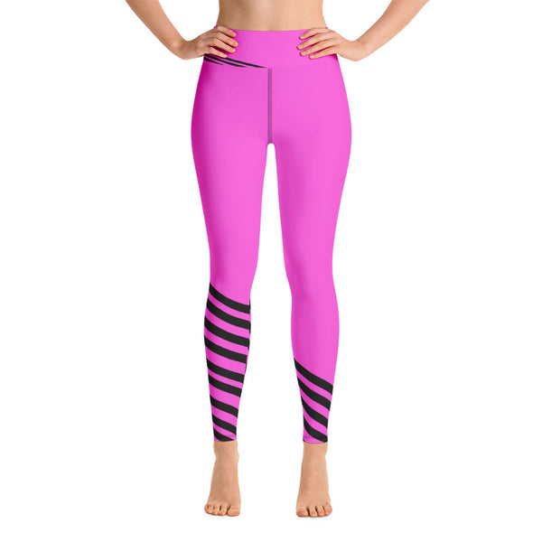Pink Black Diagonal Striped Yoga Leggings/ Long Yoga Pants/ Tights - Made in USA-legging-XS-Heidi Kimura Art LLC Pink Black Striped Leggings, Pink Black Diagonal Striped Yoga Leggings/ Long Yoga Pants/ Tights - Made in USA/EU (US Size: XS-XL)