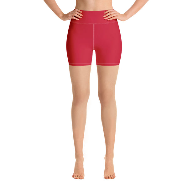 Red Women's Yoga Shorts, Red Solid Color Premium Quality Women's High Waist Spandex Fitness Workout Yoga Shorts, Yoga Tights, Fashion Gym Quick Drying Short Pants With Pockets - Made in USA/EU (US Size: XS-XL)