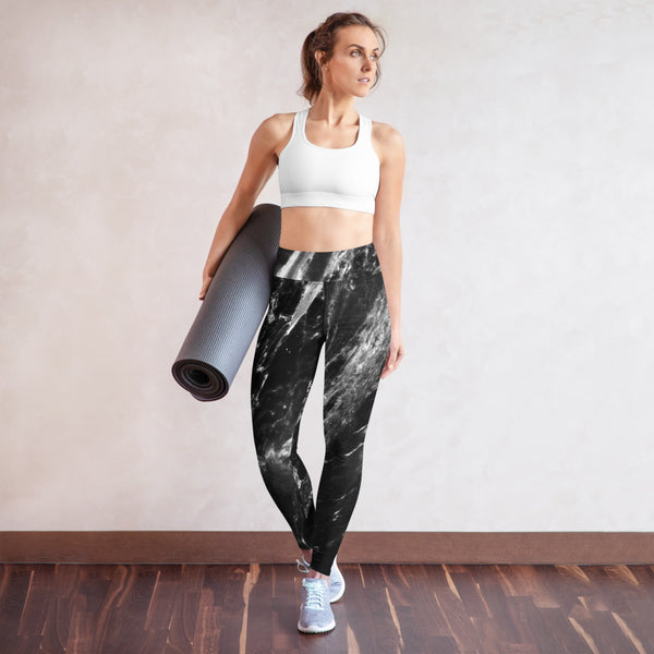 Black Abstract Marble Yoga Leggings, Marbled Print Women's Tights-Made in USA/EU-Heidi Kimura Art LLC-Heidi Kimura Art LLC Black Abstract Yoga Leggings, Grey White Black Marble Print Yoga Leggings, Best Athletic Active Wear Fitted Leggings Sports Long Yoga & Barre Pants - Made in USA/EU/MX (US Size: XS-6XL)