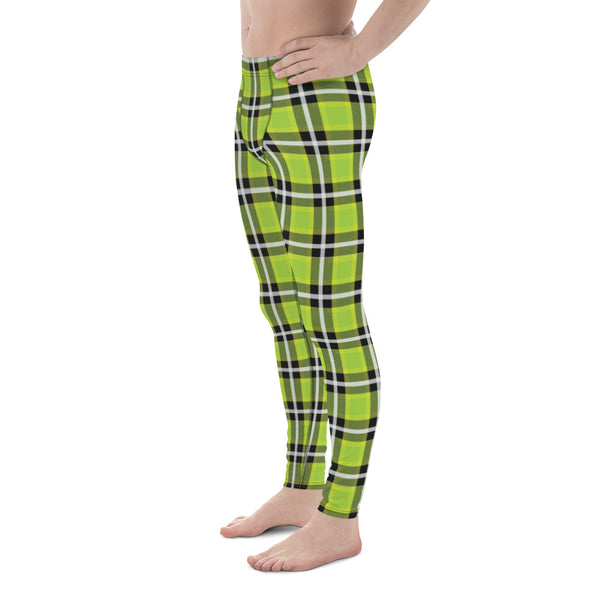 Green Plaid Tartan Print Meggings, Preppy Compression Pants Men's Leggings-Heidikimurart Limited -Heidi Kimura Art LLC