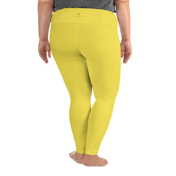 Bright Yellow Solid Color Print Women's Plus Size Leggings Best Pants- Made in USA/EU-Women's Plus Size Leggings-Heidi Kimura Art LLC
