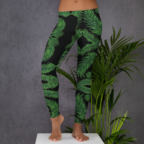 Green Tropical Leaves Leggings, Palm Leaf Print Women's Casual Tights-Made in USA/EU-Heidi Kimura Art LLC-Heidi Kimura Art LLC