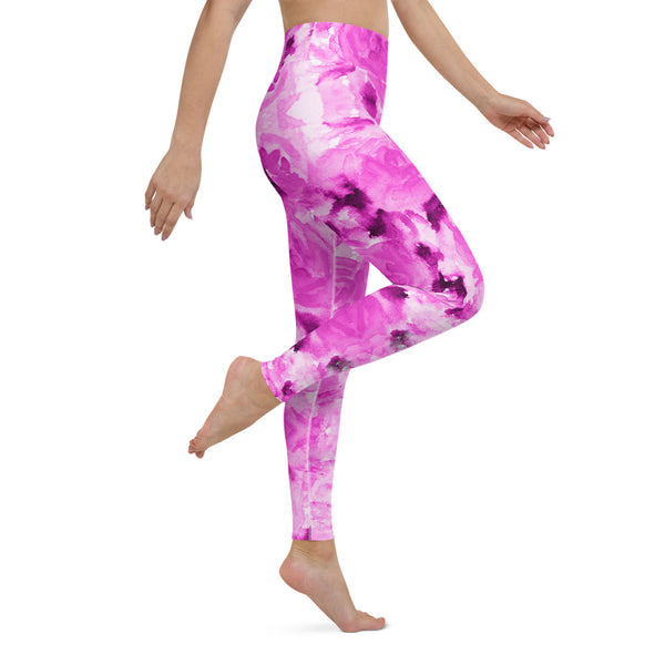 Hot Pink Floral Yoga Leggings, Abstract Print Women's Tights-Made in USA/EU-Heidi Kimura Art LLC-Heidi Kimura Art LLC