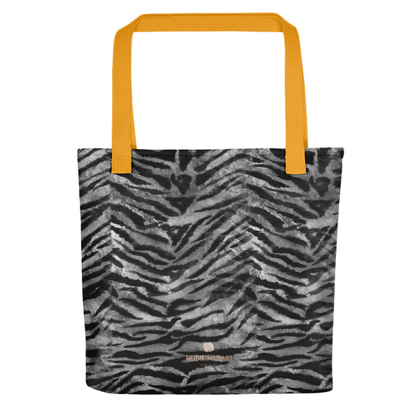 Gray Tiger Striped Print Tote Bag, Grey Animal Print 15" x 15" Tote Bag-Made in USA/EU-Tote Bag-Yellow-Heidi Kimura Art LLC