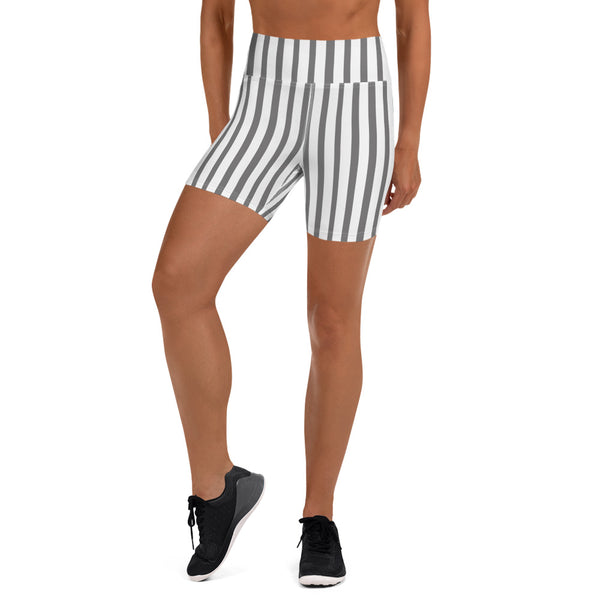 Grey White Striped Yoga Shorts, Circus Vertical Stripes Modern Classic Premium Quality Women's High Waist Spandex Fitness Workout Yoga Shorts, Yoga Tights, Fashion Gym Quick Drying Short Pants With Pockets - Made in USA (US Size: XS-XL)