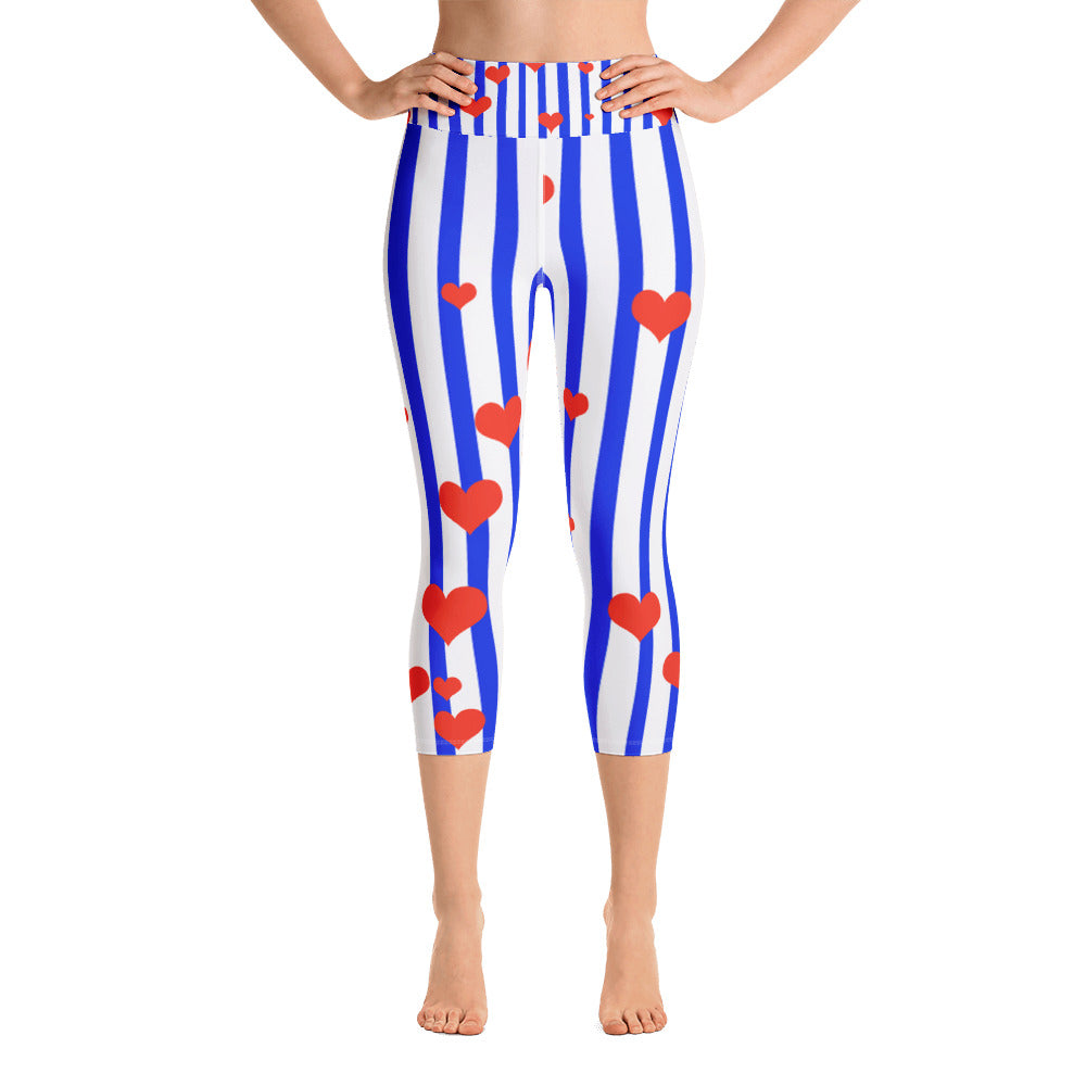Blue Striped Women's Capri Leggings, American Patriotic Leggings w/ Pockets - Made in USA/EU-Capri Yoga Pants-XS-Heidi Kimura Art LLC