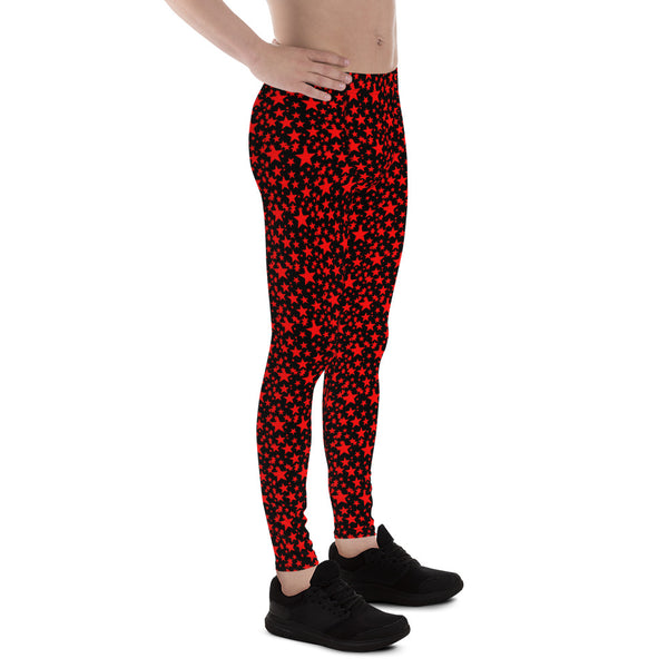 Red Star Print Meggings, Black Red Hot Premium Quality Men's Leggings- Made in USA/EU-Men's Leggings-Heidi Kimura Art LLC