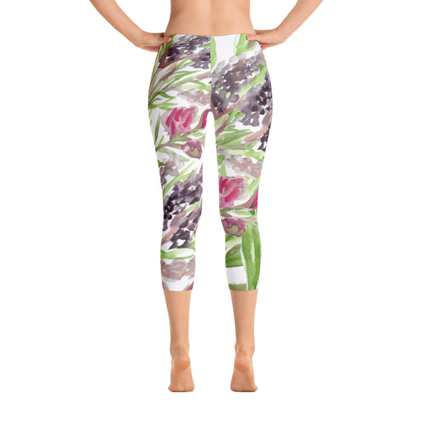 Purple Lavender Floral Capri Tights, Designer Capris Leggings For Women-Made in USA/EU-capri leggings-XS-Heidi Kimura Art LLC
