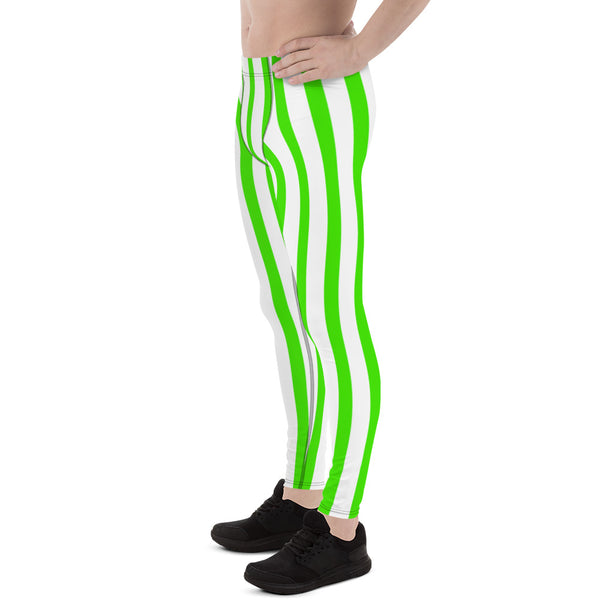 Green & White Stripes Men's Running Leggings & Run Tights Meggings Activewear-Men's Leggings-Heidi Kimura Art LLC