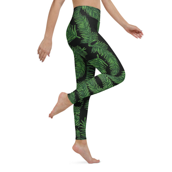 Black Tropical Leaf Print Yoga Leggings, Green Palm Leaf Women's Yoga Tights-Made in USA/EU-Heidi Kimura Art LLC-Heidi Kimura Art LLC