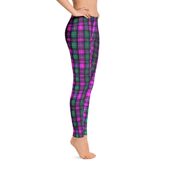 Pink Plaid Polyester Spandex Elastic Women's Casual Leggings - Made in USA-Casual Leggings-Heidi Kimura Art LLC