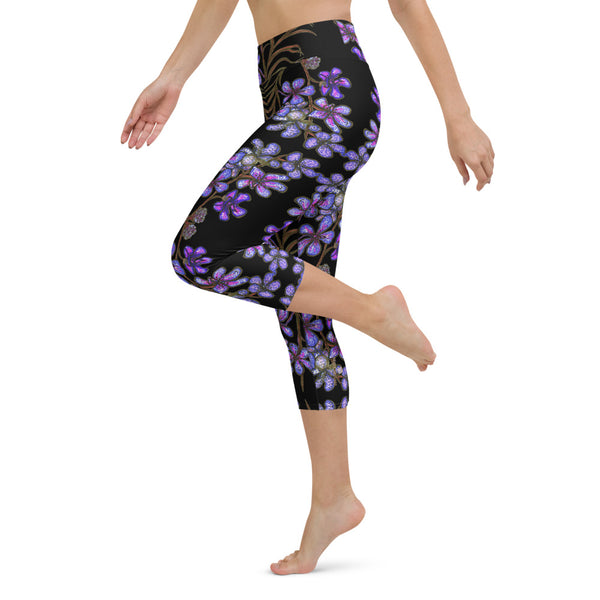 Violet Purple Yoga Capri Leggings, Orchids Floral Print Capris Tights-Made in USA/EU-Heidi Kimura Art LLC-Heidi Kimura Art LLC