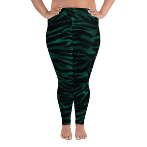 Green Tiger Stripe Print Women's Long Yoga Pants Plus Size Leggings - Made in USA/EU-Women's Plus Size Leggings-2XL-Heidi Kimura Art LLC