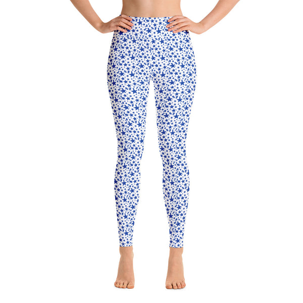 White Blue Stars Pattern Print Women's Designer Long Yoga Leggings Pants- Made in USA/EU-Leggings-Heidi Kimura Art LLC Blue Stars Women's Leggings, White Blue Stars Pattern Print  Premium Women's Active Wear Fitted Leggings Sports Long Yoga & Barre Pants, Sportswear, Gym Clothes, Workout Pants - Made in USA/ EU (US Size: XS-XL)