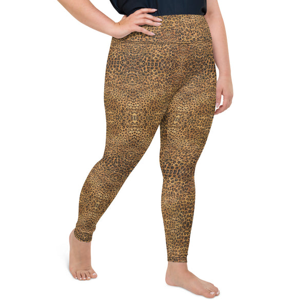 Leopard Plus Size Leggings, Animal Print Yoga Pants For Women-Made in USA/EU-Heidi Kimura Art LLC-Heidi Kimura Art LLC  Leopard Plus Size Leggings, Women's Brown Animal Print High Waist Premium Women's Long Yoga Tights Pants Plus Size Leggings- Made in USA (US Size: 2XL-6XL)