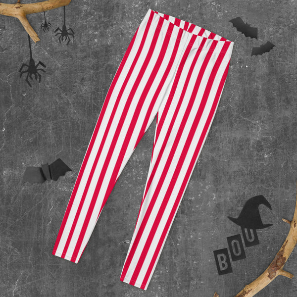 Red White Striped Women's Leggings, Circus Casual Tights For Ladies-Made in USA/EU-Heidikimurart Limited -Heidi Kimura Art LLC