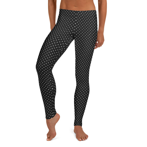 Black White Dots Women's Leggings, Casual Long Leggings-Made in USA/EU-Heidi Kimura Art LLC-Heidi Kimura Art LLC