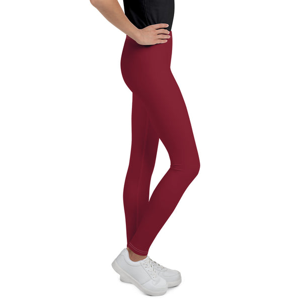 Burgundy Red Solid Color Print Premium Youth Leggings Gym Tights - Made in USA/EU-Youth's Leggings-Heidi Kimura Art LLC