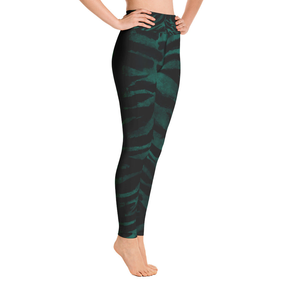 Green Tiger Stripe Print Women's Leggings, Animal Print Long Yoga Pants ...