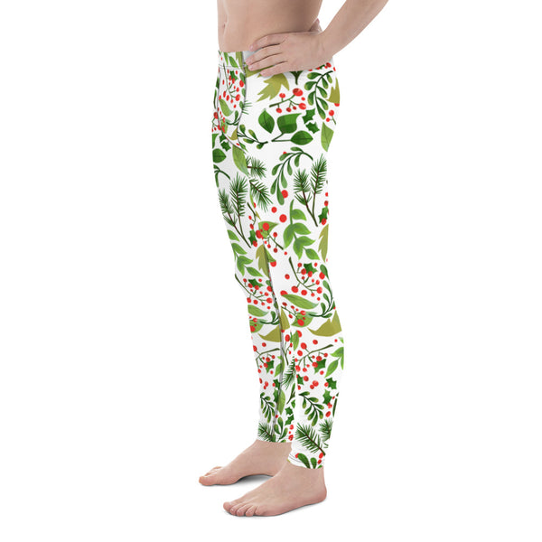 Christmas Meggings, Green Red Floral Print Running Leggings Tights For Men-Made in USA/EU-Men's Leggings-Heidi Kimura Art LLC