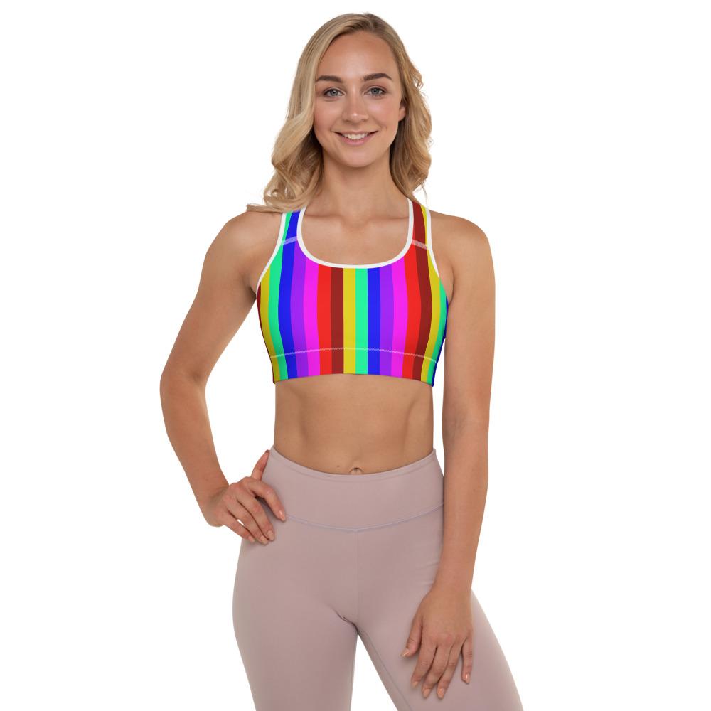 Rainbow Stripe Print Women's Designer Padded Gym Fitness Sports Bra-Made in USA/EU-Sports Bras-White-XS-Heidi Kimura Art LLC